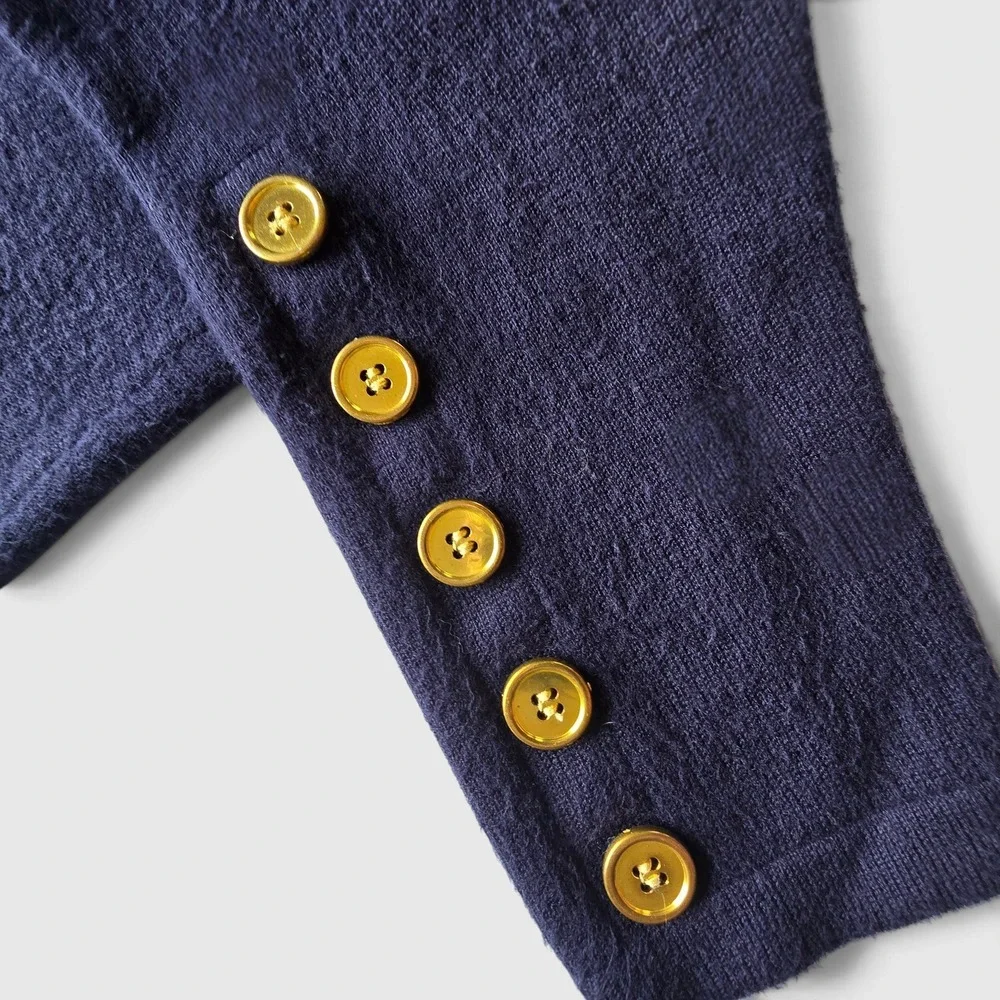 Cielo Navy Blue Turtleneck Sweater Gold Button Detail Soft Knit Womens S Preppy